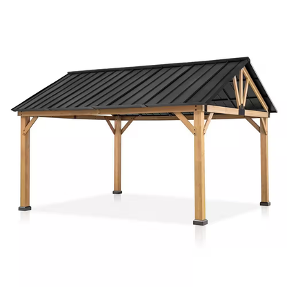 13 Ft. X 11 Ft. Cedar Wood Hardtop Outdoor Patio Gazebo with Galvanized Steel Roof and Ceiling Hook
