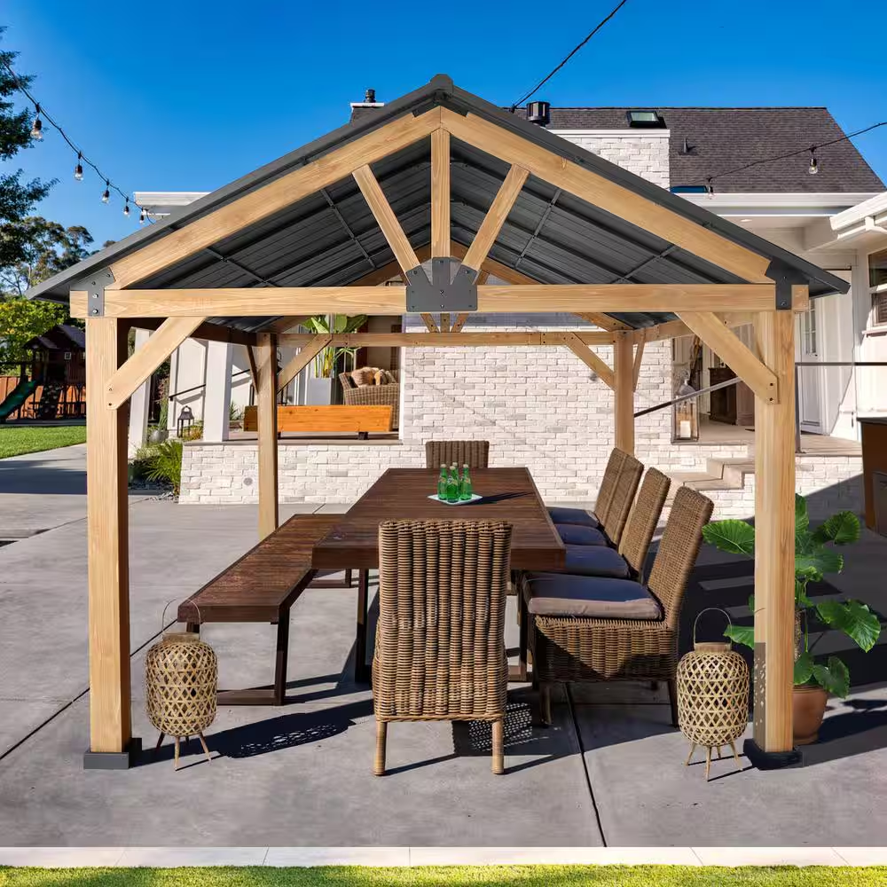 13 Ft. X 11 Ft. Cedar Wood Hardtop Outdoor Patio Gazebo with Galvanized Steel Roof and Ceiling Hook