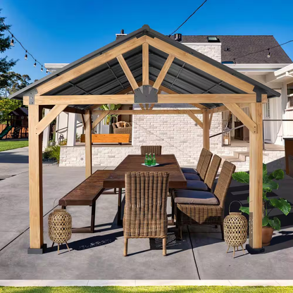 13 Ft. X 11 Ft. Cedar Wood Hardtop Outdoor Patio Gazebo with Galvanized Steel Roof and Ceiling Hook
