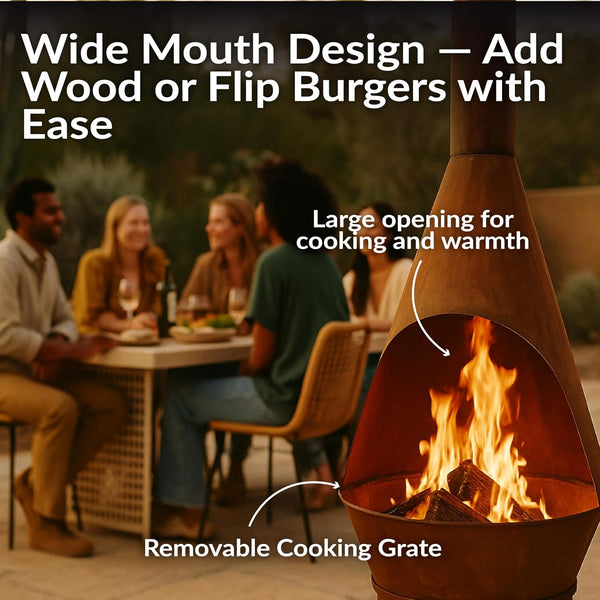 Large Chiminea Outdoor Fireplace - Outdoor Wood-Burning Fireplace - Chimney Fire Pit with Grill Grate - Rustic - 75" H