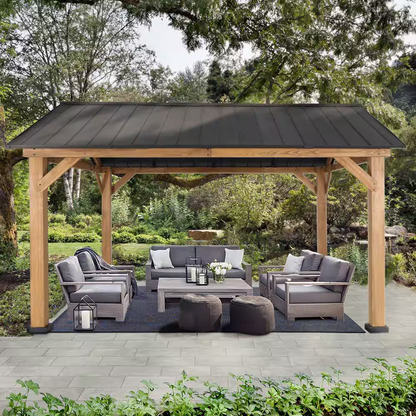 13 Ft. X 11 Ft. Cedar Wood Hardtop Outdoor Patio Gazebo with Galvanized Steel Roof and Ceiling Hook