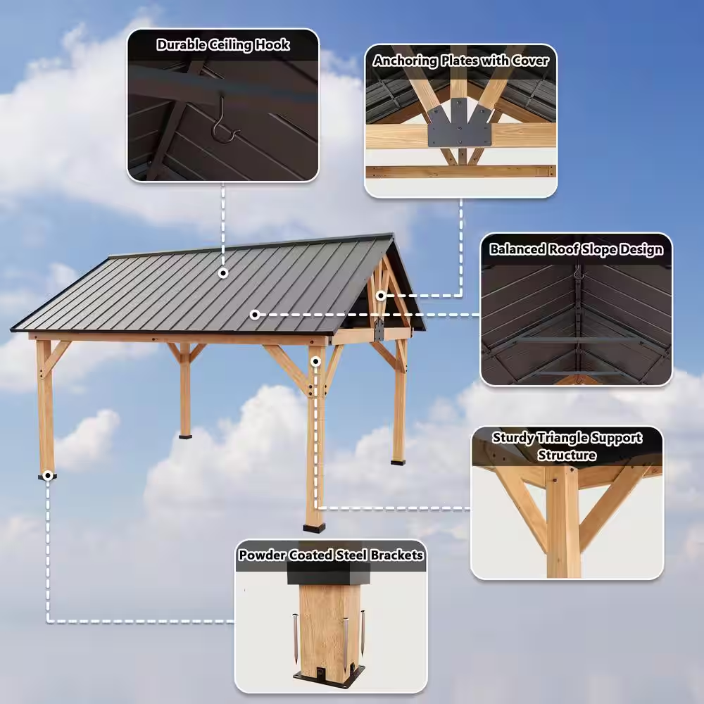 13 Ft. X 11 Ft. Cedar Wood Hardtop Outdoor Patio Gazebo with Galvanized Steel Roof and Ceiling Hook