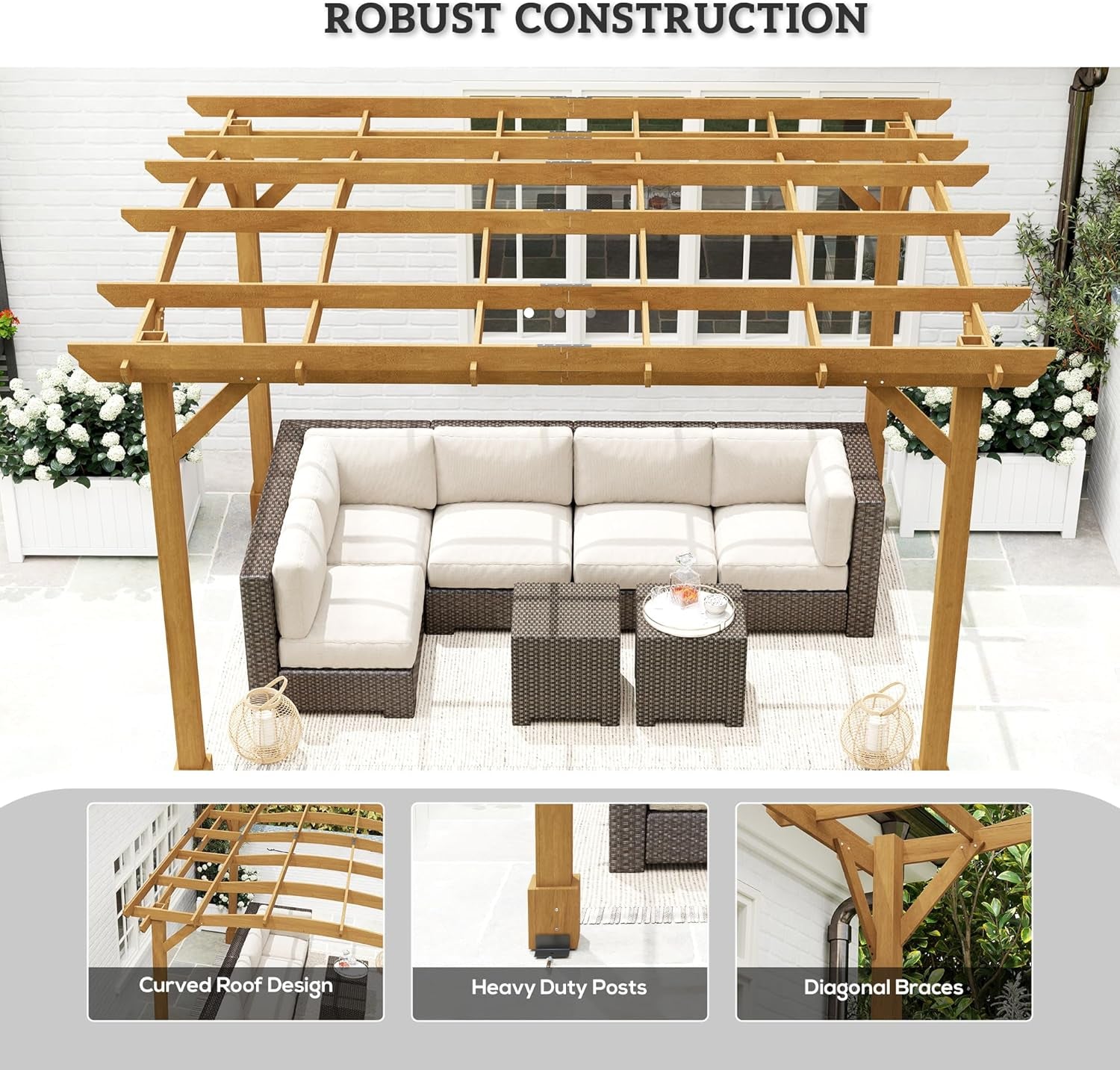 10' X 12' Outdoor Pergola with Arched Roof for Climbing Plant Support, Wood Gazebo Grape Trellis with Stable Structure, Concrete Anchors for Patio, Garden, Deck, Backyard, Dark Brown