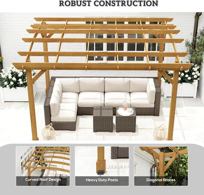 10' X 12' Outdoor Pergola with Arched Roof for Climbing Plant Support, Wood Gazebo Grape Trellis with Stable Structure, Concrete Anchors for Patio, Garden, Deck, Backyard, Dark Brown