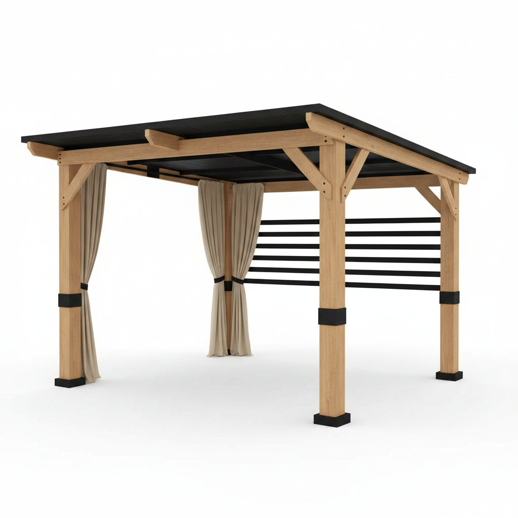 10 Ft. X 11 Ft. Cedar Wood Outdoor Gazebo with Steel Roof and Privacy Curtains