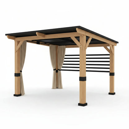 10 Ft. X 11 Ft. Cedar Wood Outdoor Gazebo with Steel Roof and Privacy Curtains