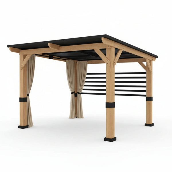 10 Ft. X 11 Ft. Cedar Wood Outdoor Gazebo with Steel Roof and Privacy Curtains