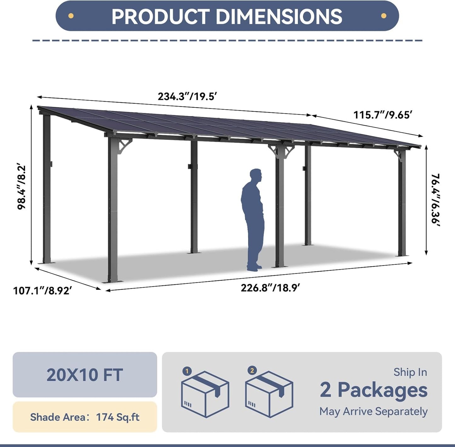 10' X 20' Lean to Gazebo Pergola, Hardtop Gazebo Metal Large Galvanized Steel Wall Mounted Pergolas on Clearance with Polycarbonate Roof, Awnings, Patio Canopy for Backyard, Deck, Porch