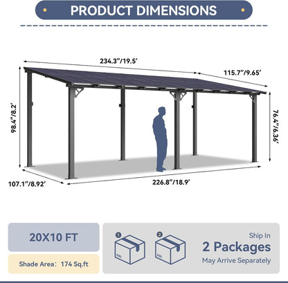 10' X 20' Lean to Gazebo Pergola, Hardtop Gazebo Metal Large Galvanized Steel Wall Mounted Pergolas on Clearance with Polycarbonate Roof, Awnings, Patio Canopy for Backyard, Deck, Porch