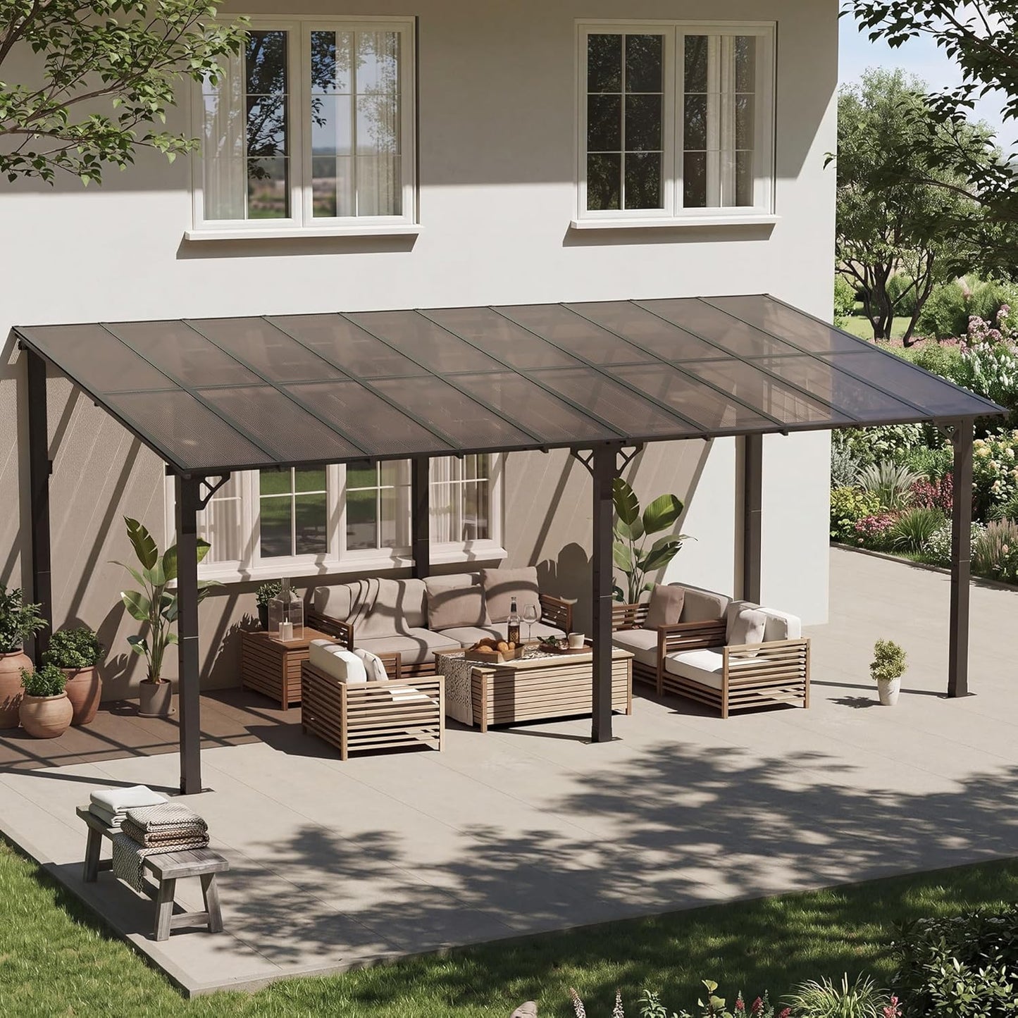10' X 20' Lean to Gazebo Pergola, Hardtop Gazebo Metal Large Galvanized Steel Wall Mounted Pergolas on Clearance with Polycarbonate Roof, Awnings, Patio Canopy for Backyard, Deck, Porch