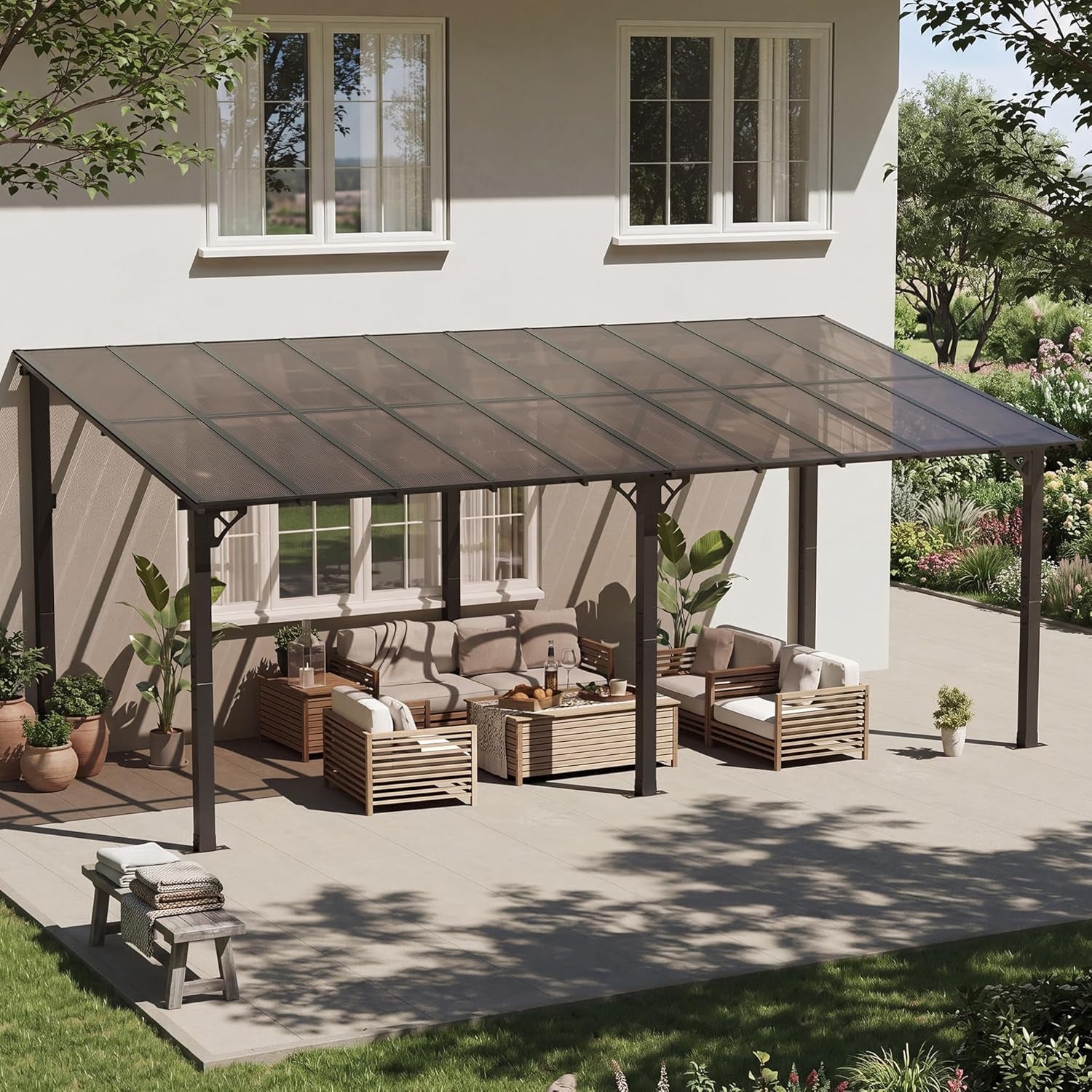10' X 20' Lean to Gazebo Pergola, Hardtop Gazebo Metal Large Galvanized Steel Wall Mounted Pergolas on Clearance with Polycarbonate Roof, Awnings, Patio Canopy for Backyard, Deck, Porch