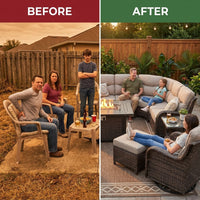 9-Piece Outdoor Patio Furniture Set with Fire Pit Table,Swivel Chairs and 6" Thick Cushions,Sectional Sofa and Ottomans,Patio Conversation Set for Porch Deck Garden Backyard — Before & After