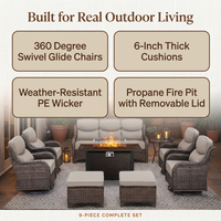 9-Piece Outdoor Patio Furniture Set with Fire Pit Table,Swivel Chairs and 6" Thick Cushions,Sectional Sofa and Ottomans,Patio Conversation Set for Porch Deck Garden Backyard — Results & Stats