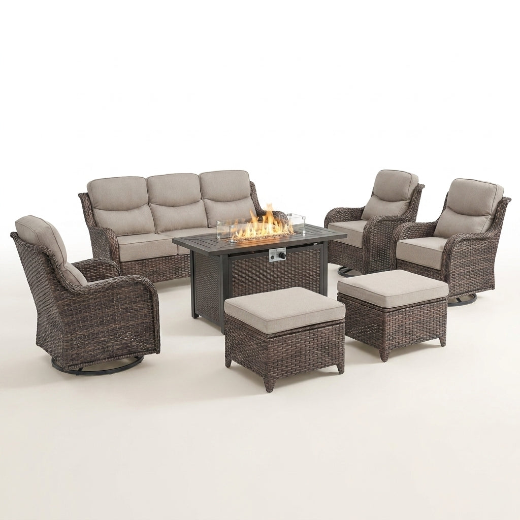 9-Piece Outdoor Patio Furniture Set with Fire Pit Table,Swivel Chairs and 6" Thick Cushions,Sectional Sofa and Ottomans,Patio Conversation Set for Porch Deck Garden Backyard — Studio Shot