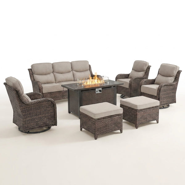 9-Piece Outdoor Patio Furniture Set with Fire Pit Table,Swivel Chairs and 6" Thick Cushions,Sectional Sofa and Ottomans,Patio Conversation Set for Porch Deck Garden Backyard — Studio Shot