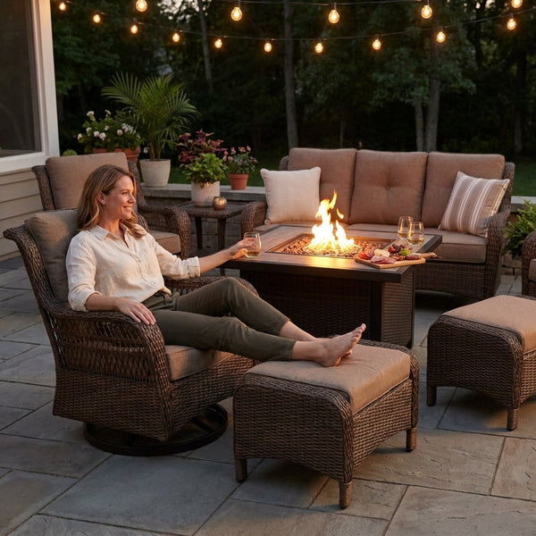 Outdoor Patio Furniture Set Designed for Entertaining, Fire Pit Table, Swivel Chairs, 6-Inch Cushions
