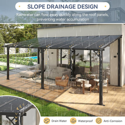 10' X 20' Lean to Gazebo Pergola, Hardtop Gazebo Metal Large Galvanized Steel Wall Mounted Pergolas on Clearance with Polycarbonate Roof, Awnings, Patio Canopy for Backyard, Deck, Porch