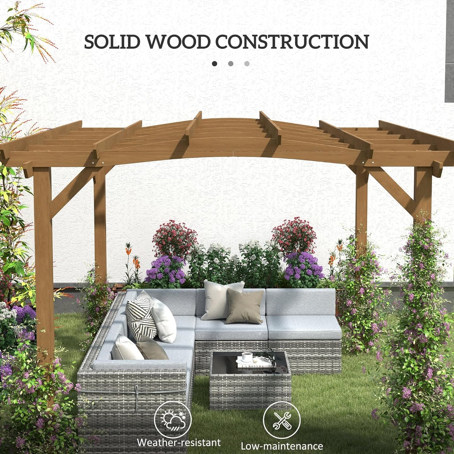 10' X 12' Outdoor Pergola with Arched Roof for Climbing Plant Support, Wood Gazebo Grape Trellis with Stable Structure, Concrete Anchors for Patio, Garden, Deck, Backyard, Dark Brown