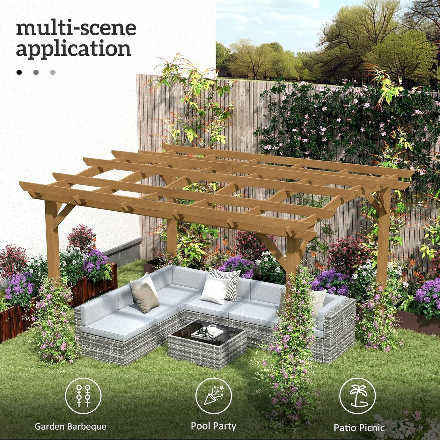 10' X 12' Outdoor Pergola with Arched Roof for Climbing Plant Support, Wood Gazebo Grape Trellis with Stable Structure, Concrete Anchors for Patio, Garden, Deck, Backyard, Dark Brown
